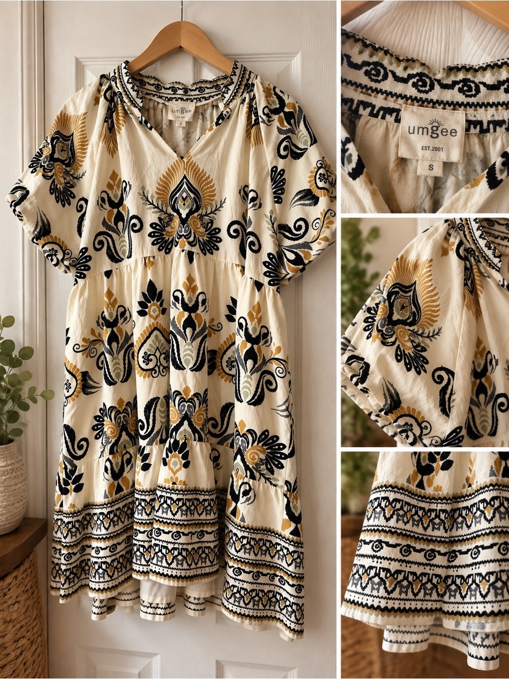 Umgee black and cream floral print dress in size S